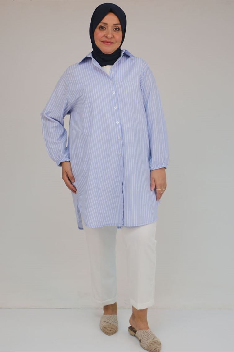 F-58098 Büyük Beden Erkek Yakalı Çizgili Poplin Gömlek - Çizgili Mavi