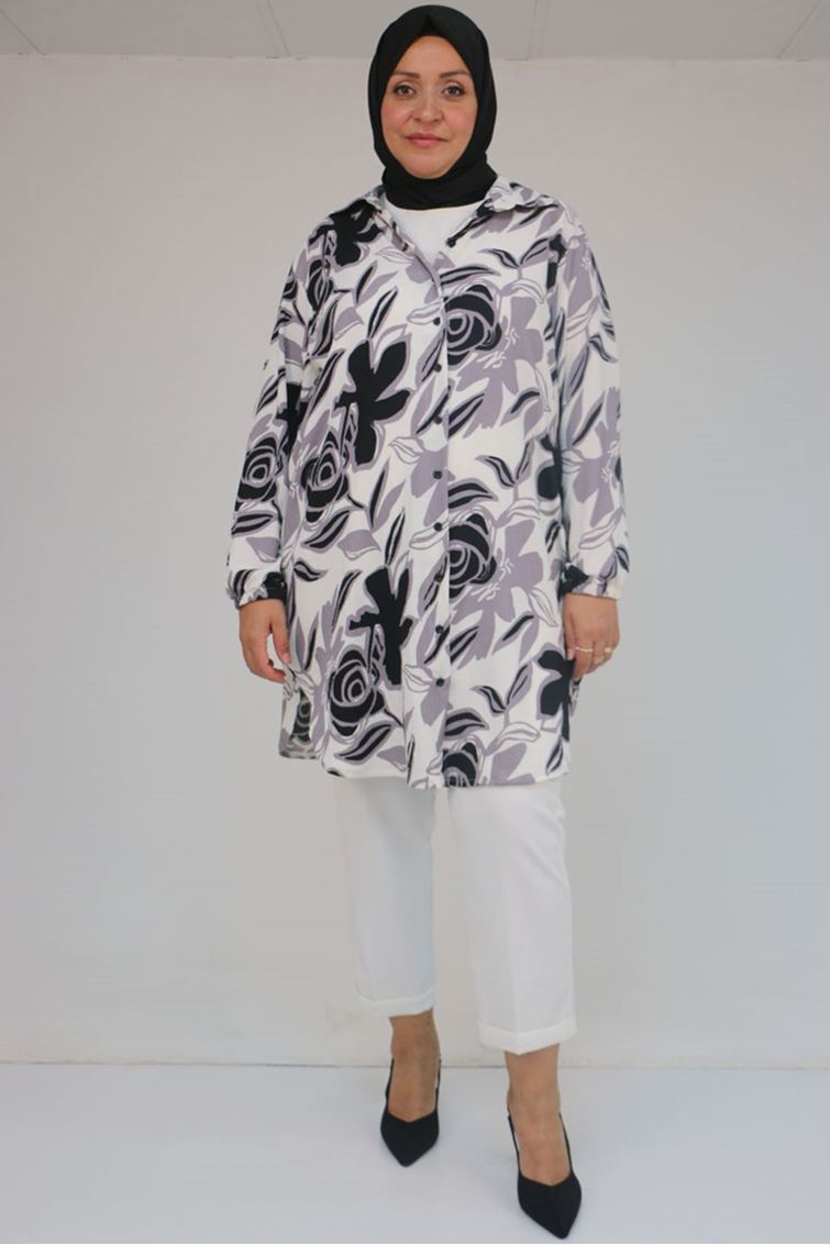 58031 Büyük Beden Erkek Yakalı Desenli Bürümcük Gömlek Tunik - Gri-Siyah