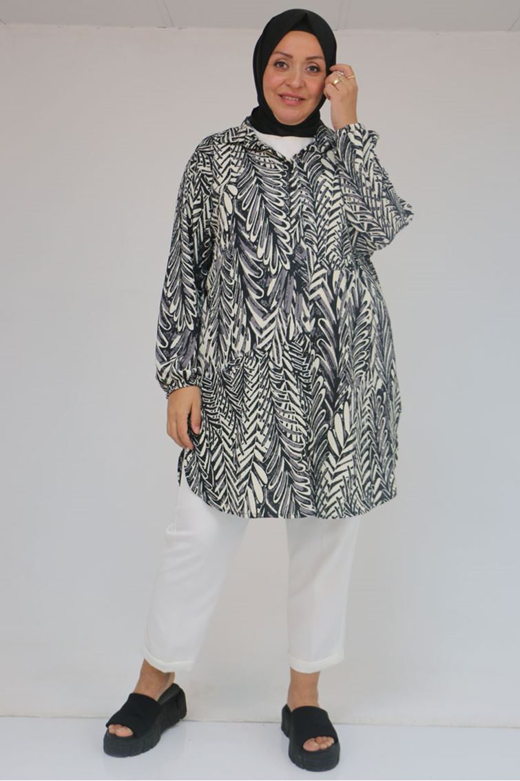 58031 Büyük Beden Erkek Yakalı Desenli Bürümcük Gömlek Tunik - Siyah - Gri