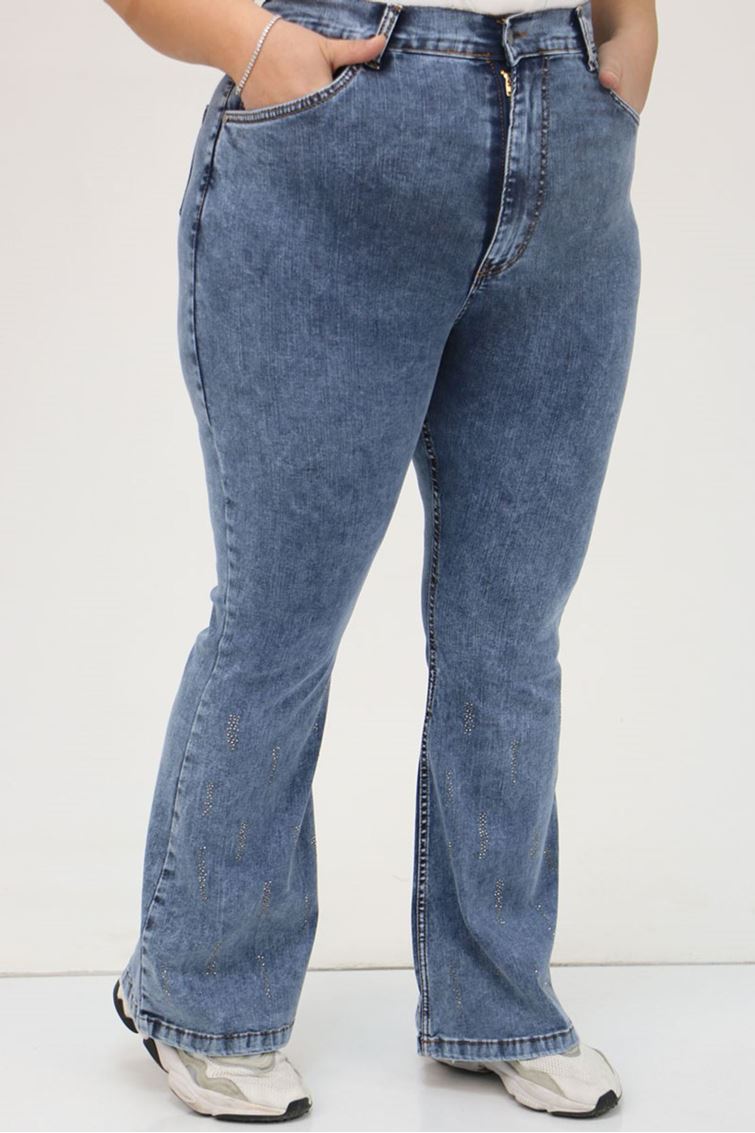 F-9203 Büyük Beden Kemerli Paçası Taş Detaylı Kot Pantolon - Mavi