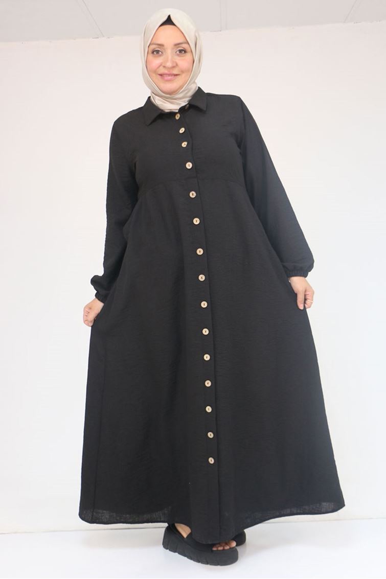 F-52024 Büyük Beden Desenli Keten Erkek Yakalı Elbise - Siyah