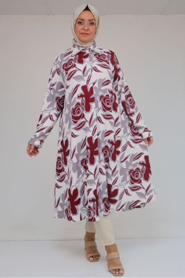 58083 Büyük Beden Mevlana Desenli Bürümcük Gömlek - Gri-Bordo