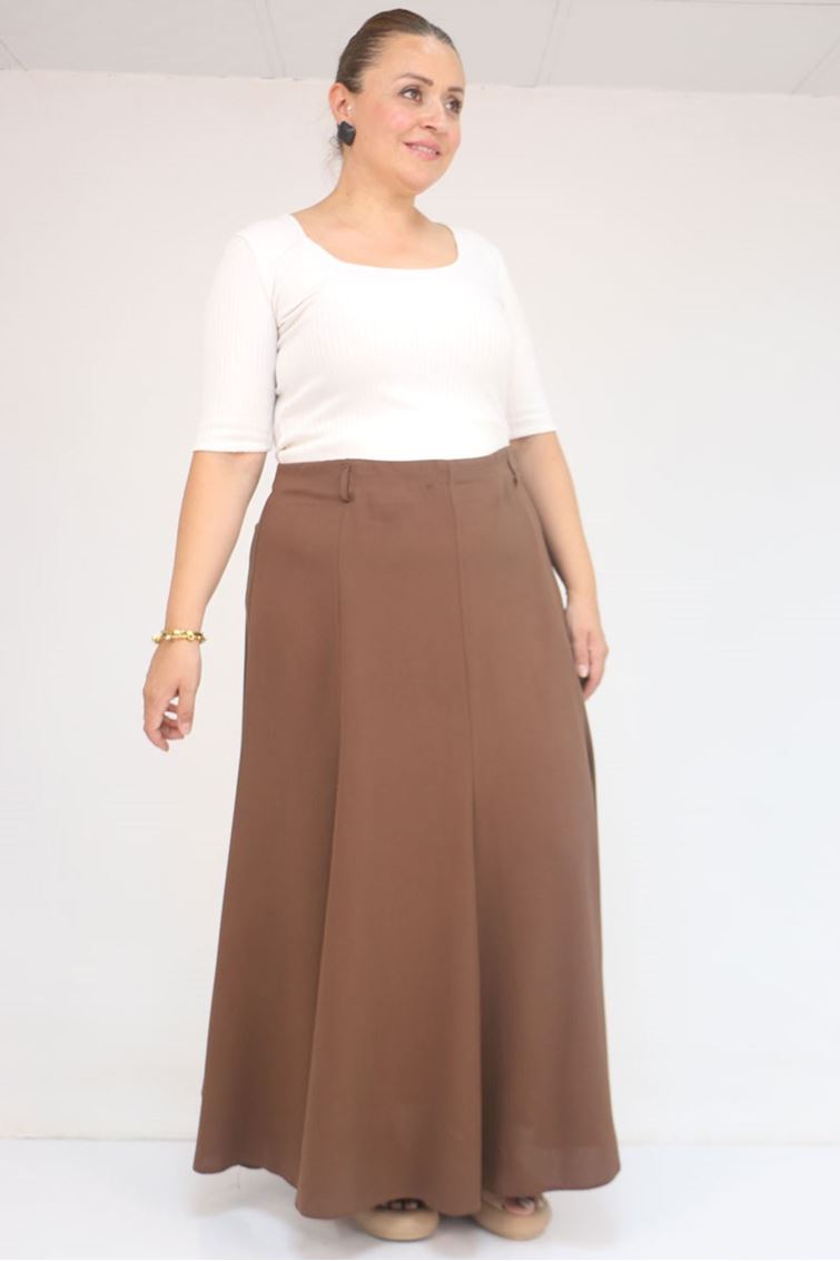 55002 Büyük Beden Kemerli Yandan Fermuarlı Etek - Kahve