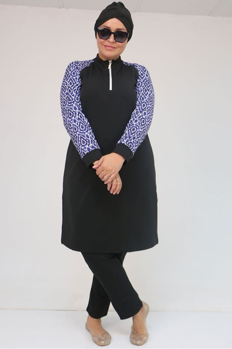 1732 Büyük Beden Balıkçı Yaka Fermuarlı Mayo - Damla Desen Saks