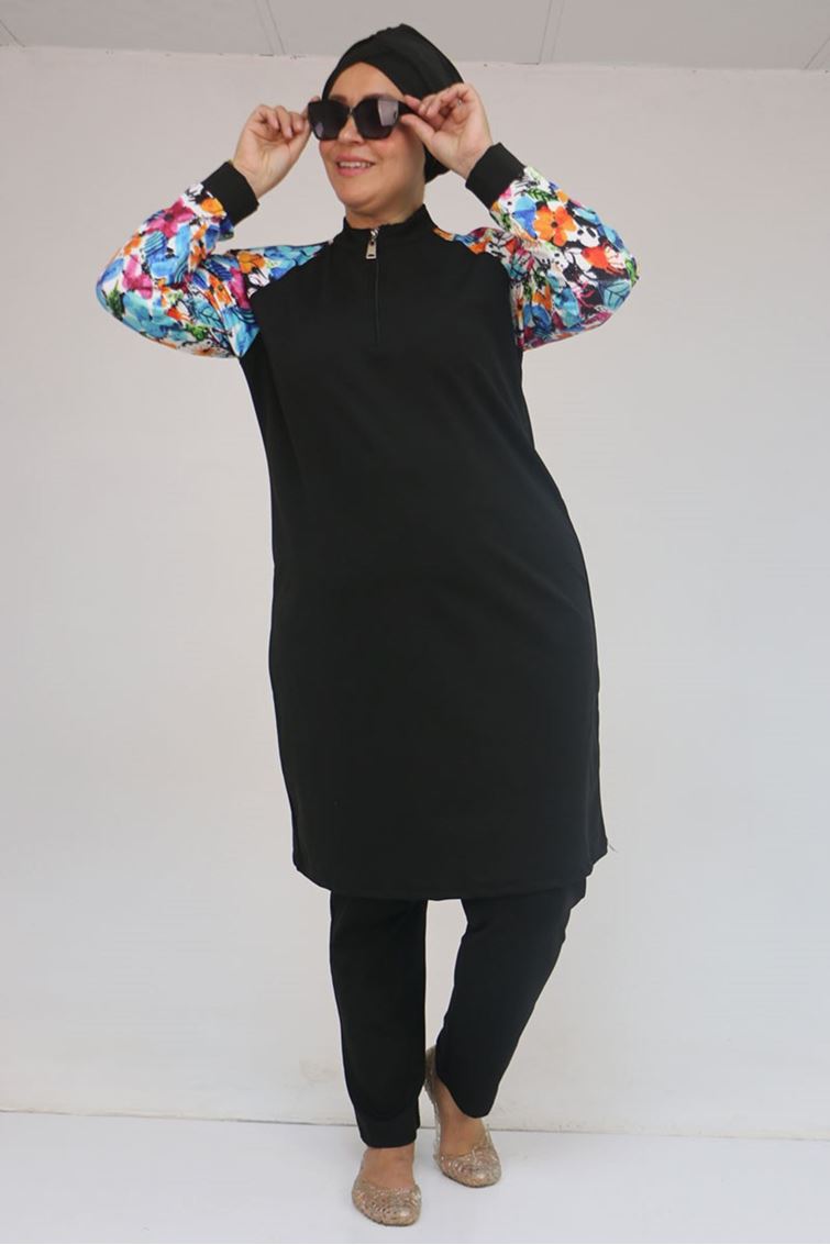 1732 Büyük Beden Balıkçı Yaka Fermuarlı Mayo - Karışık Desen Mavi