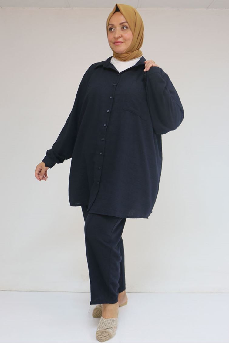 57049 Büyük Beden Erkek Yakalı Pantolonlu Takım - Lacivert