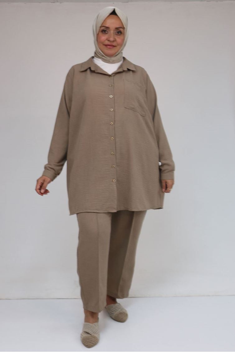 57049 Büyük Beden Erkek Yakalı Pantolonlu Takım - Vizon