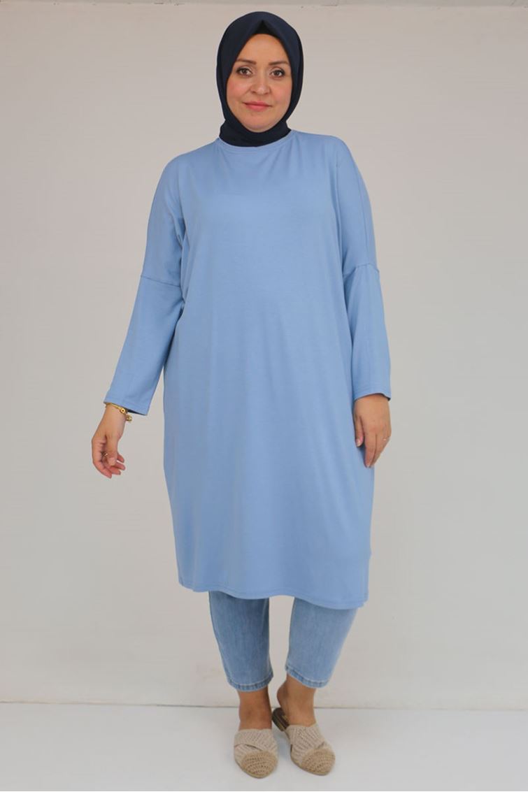 28092 Büyük Beden Düşük Kol Penye Tunik - Buz Mavi