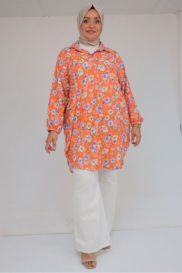 58052 Büyük Beden Erkek Yakalı Jesica Gömlek Tunik - Çiçek Desen Kiremit