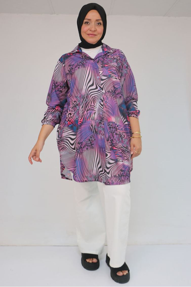 58052 Büyük Beden Erkek Yakalı Jesica Gömlek Tunik - Zebra Desen Mor