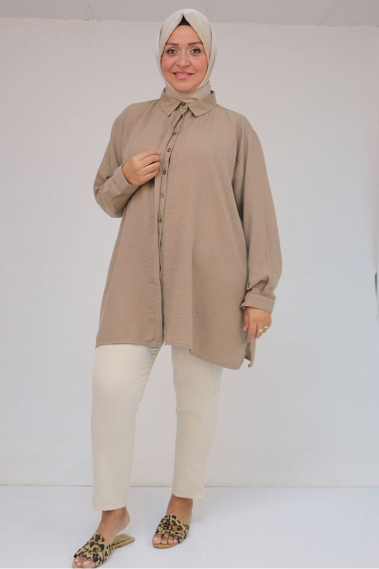 58096 Büyük Beden Erkek Yaka Düğmeli Tunik - Vizon