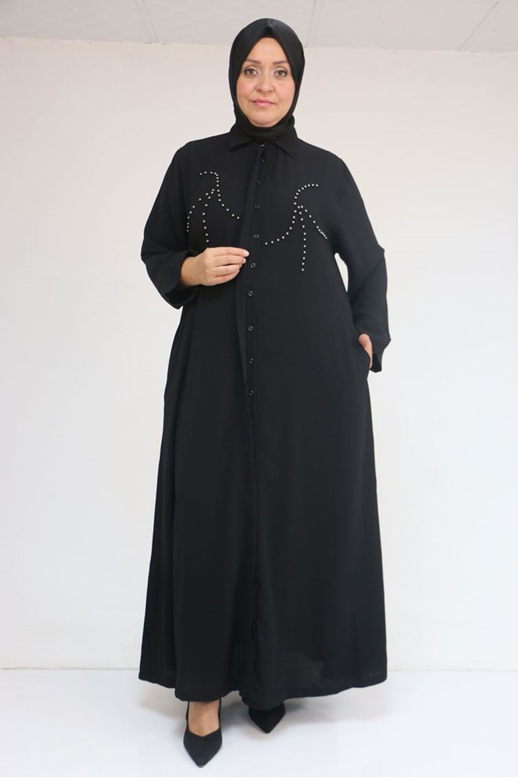 56017 Büyük Beden Taş İşleme Detaylı Krep Ferace - Siyah