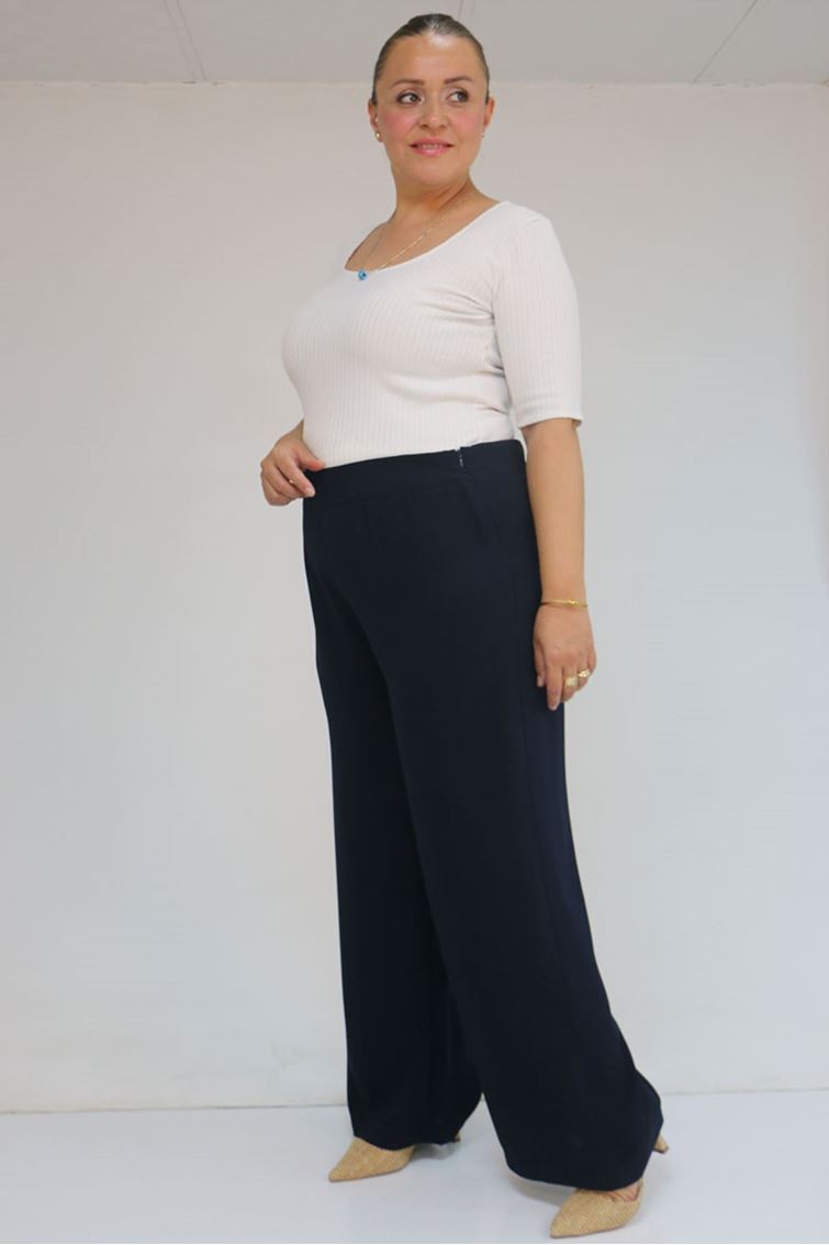 59011 Büyük Beden Pervaz Kemerli Yandan Fermuarlı Krep Pantolon - Lacivert