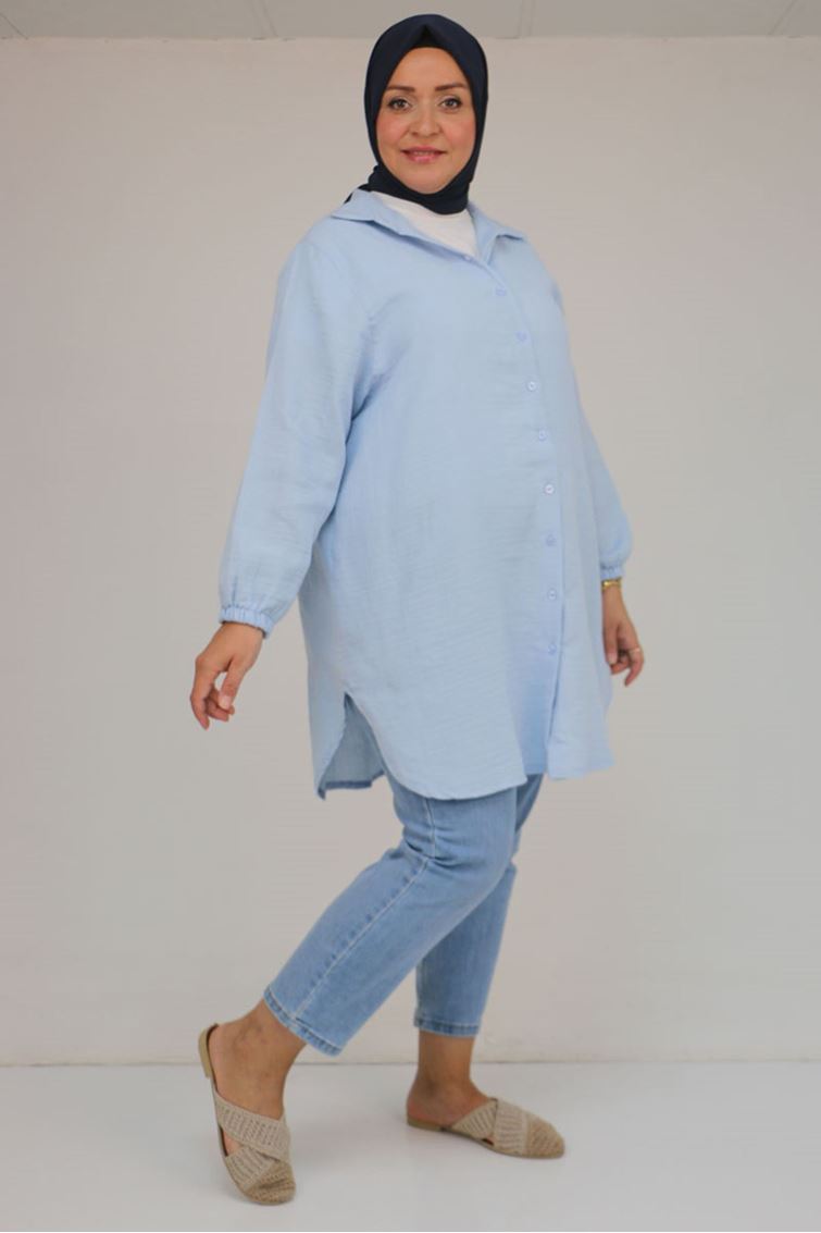 58091 Büyük Beden Kolları Lastikli Müslin Gömlek - Açık Mavi