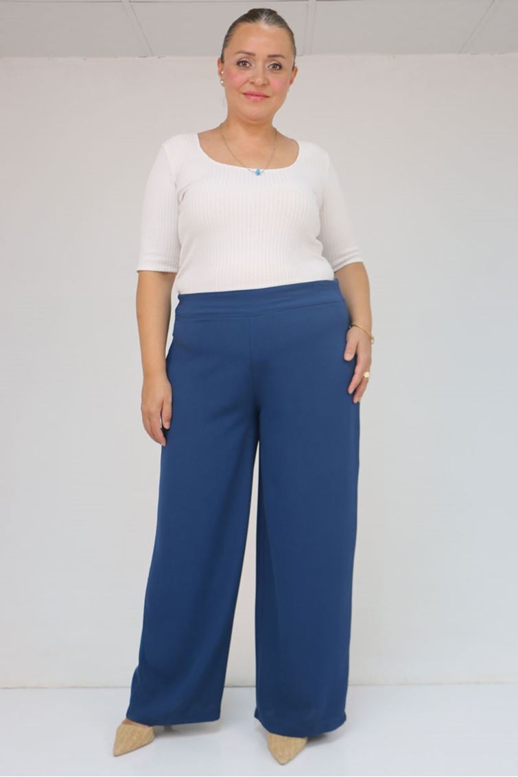 59011 Büyük Beden Pervaz Kemerli Yandan Fermuarlı Krep Pantolon - İndigo