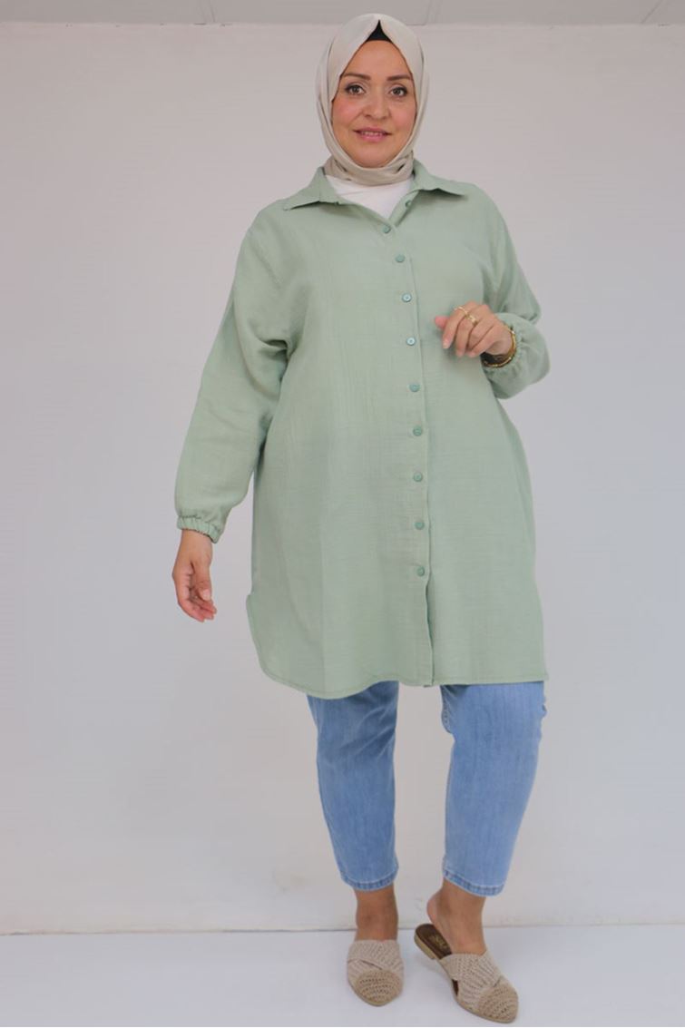 58091 Büyük Beden Kolları Lastikli Müslin Gömlek - Nefti