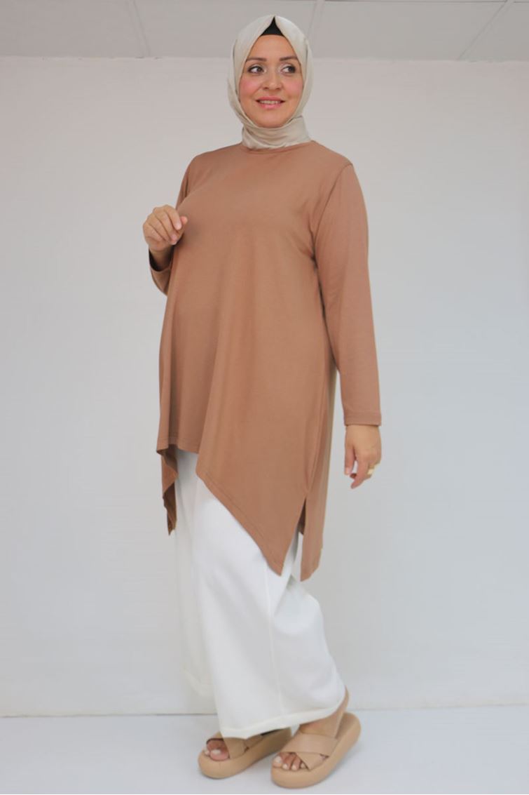 58070 Büyük Beden Asimetrik Kesim Penye Tunik - Koyu Vizon