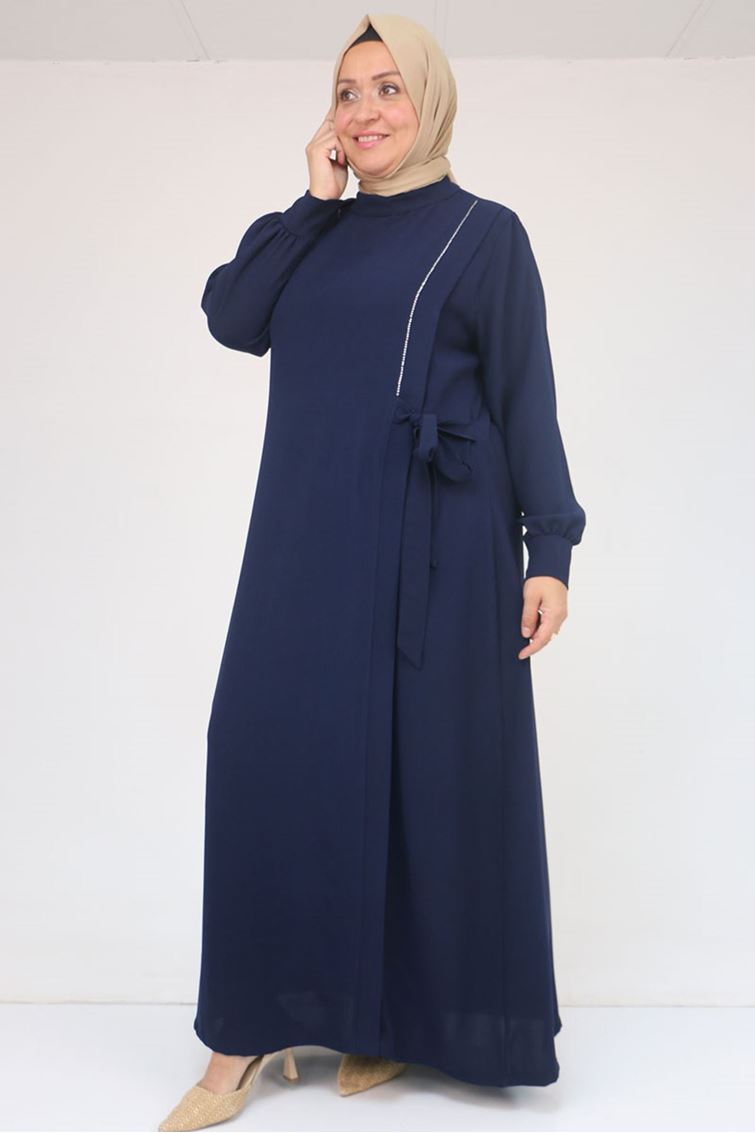 52015 Büyük Beden Taş Detaylı Krep Elbise - Lacivert