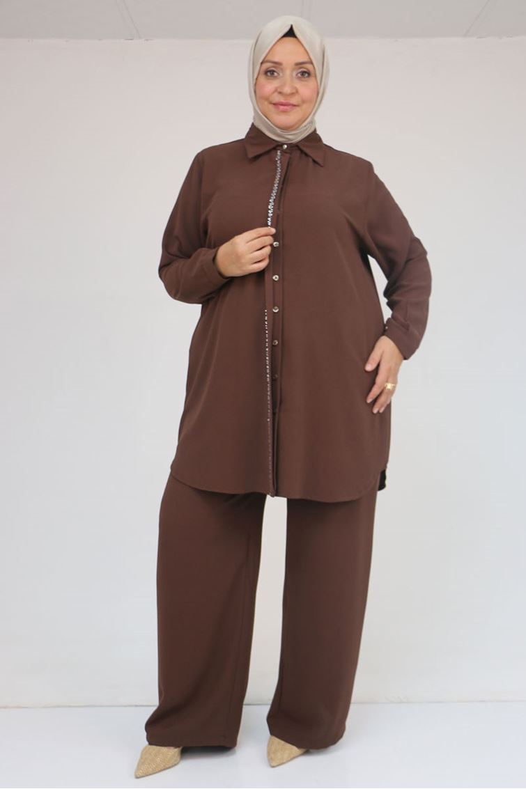 57036 Büyük Beden Krep Kol Manşetli Pantolonlu Takım - Kahve