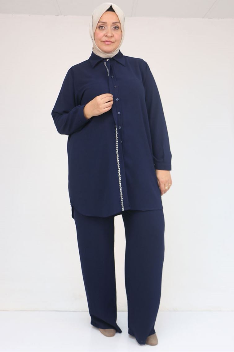 57036 Büyük Beden Krep Kol Manşetli Pantolonlu Takım - Lacivert