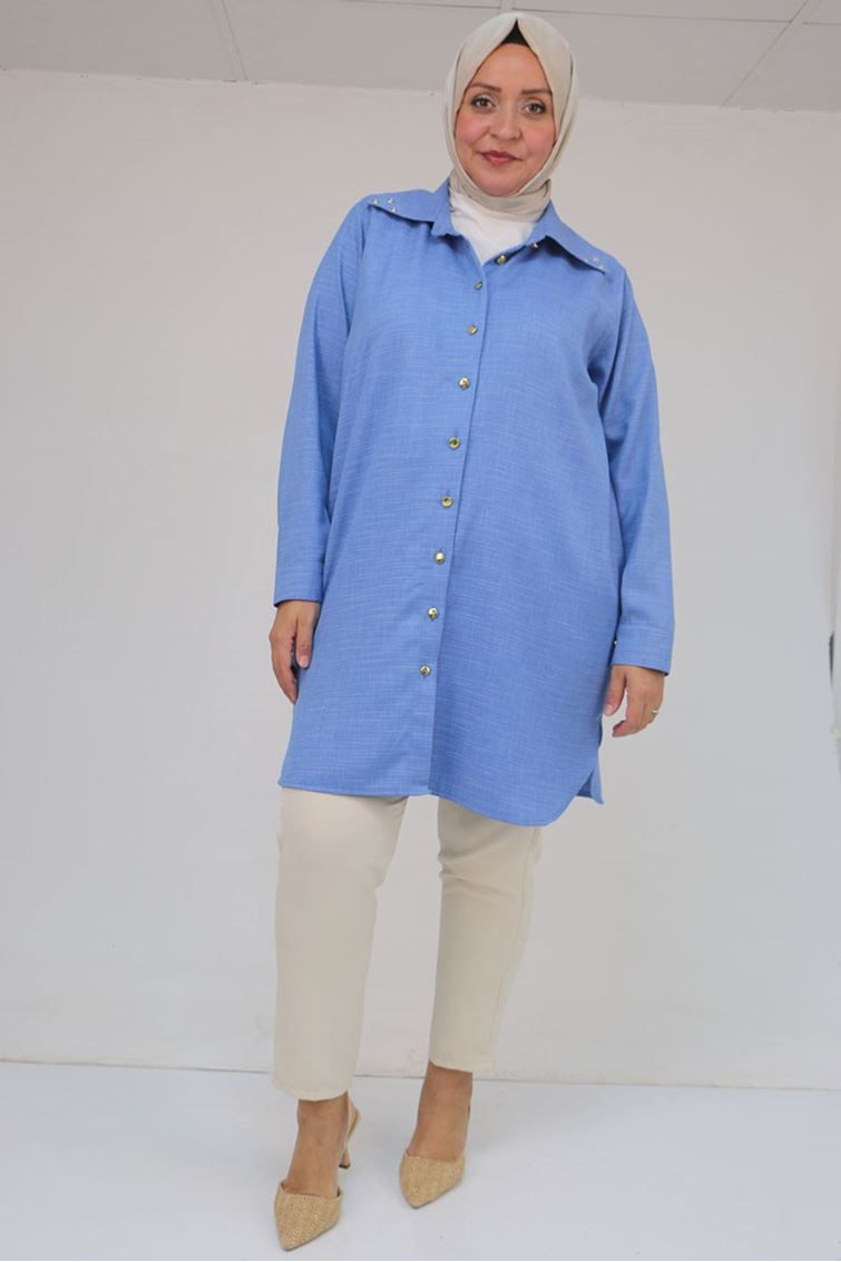 58094 Büyük Beden Düğmeli Yakası Detaylı Tunik - İndigo Kırçıllı