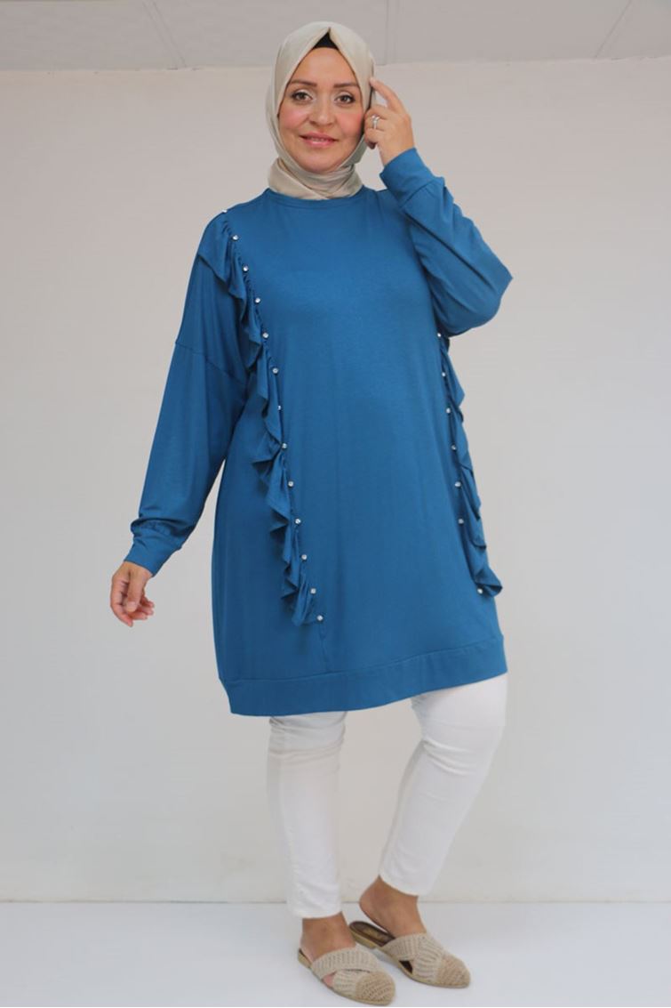 58074 Büyük Beden Fırfır Ve Taş Detaylı Penye Tunik - Petrol