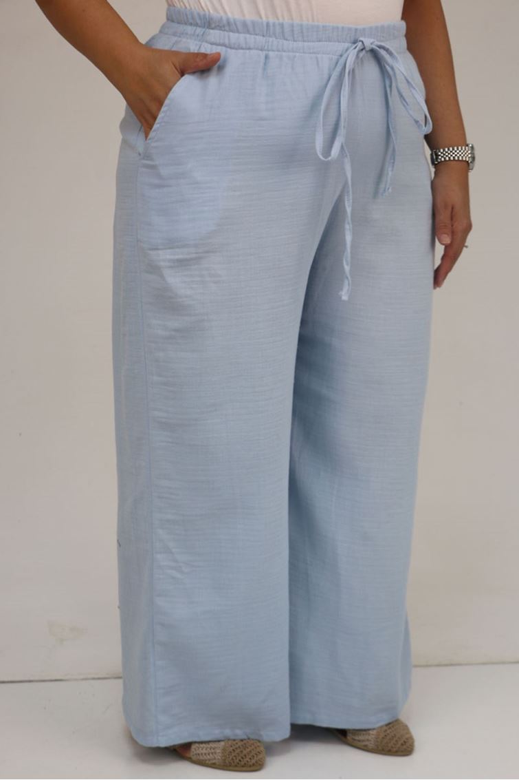 59021 Büyük Beden Beli Lastikli Müslin Bol Paça Pantolon - Açık Mavi