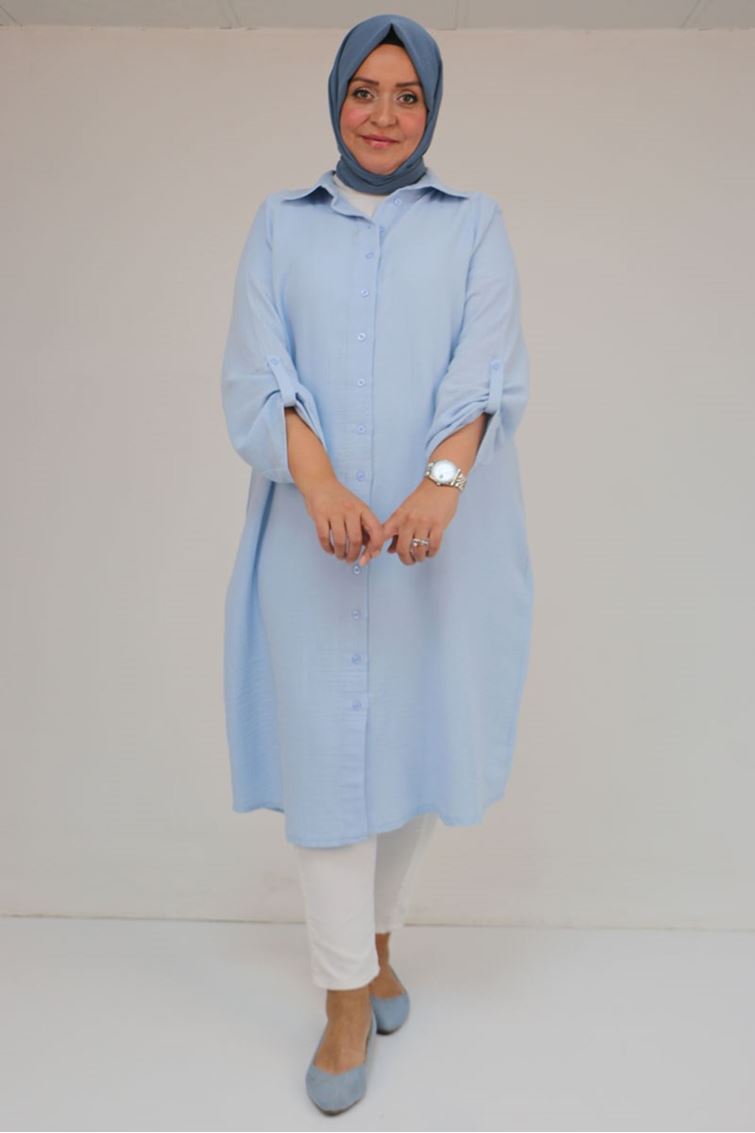 48058 Büyük Beden Düğmeli Müslin Gömlek - Buz Mavi