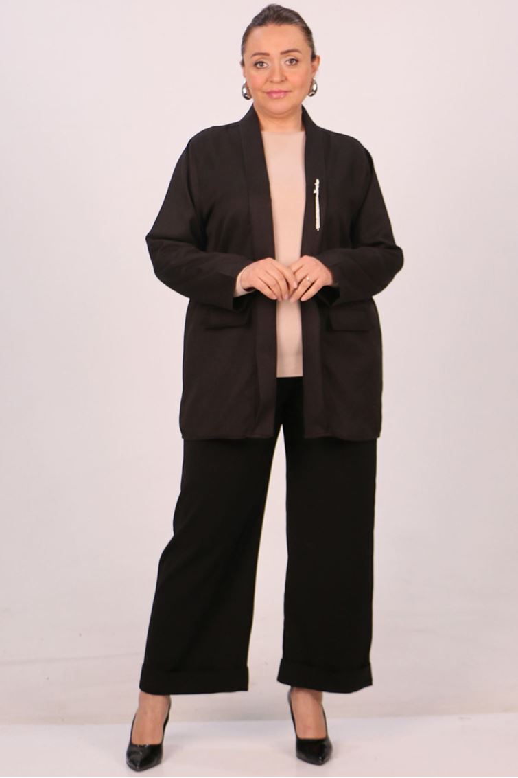 43021-E Büyük Beden Çıkabilir Broş'lu Dokuma Kumaş Kısa Ceket-Siyah