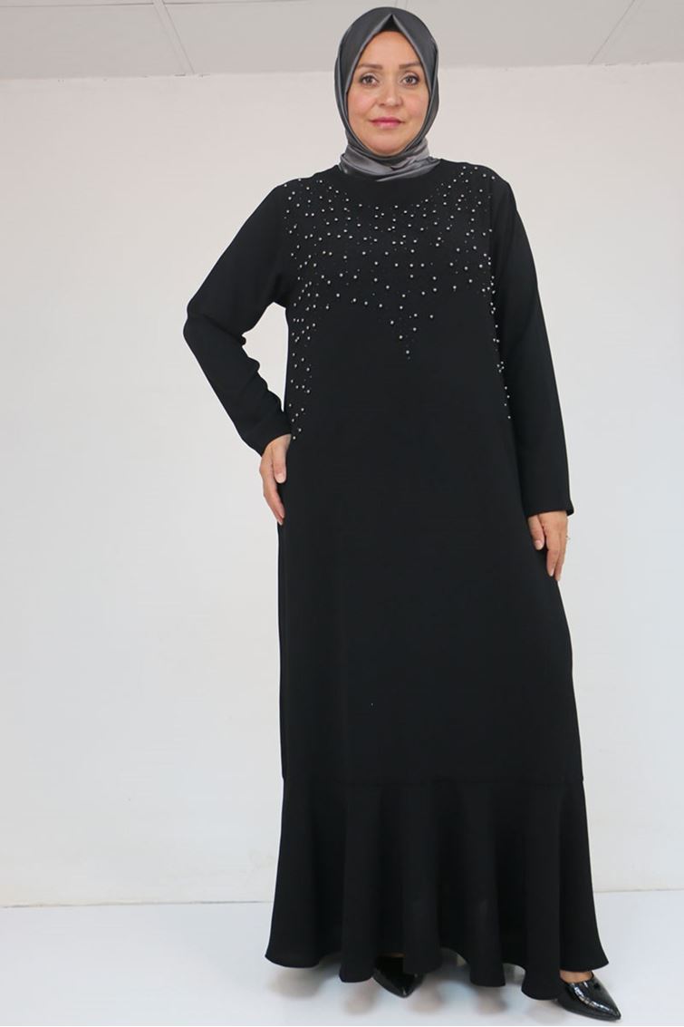 52025 Büyük Beden Etek Ucu Volanlı Taş Detaylı Elbise - Siyah
