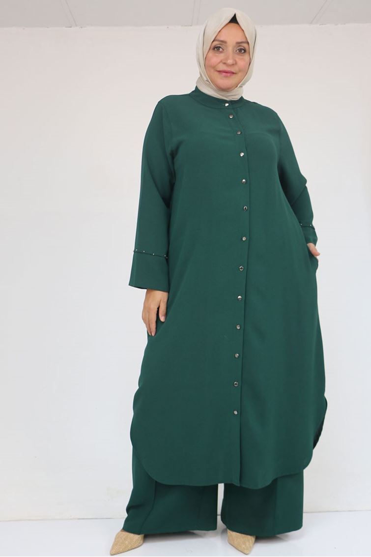 57053 Büyük Beden Eteği Oval Pantolonlu Krep Takım - Zümrüt