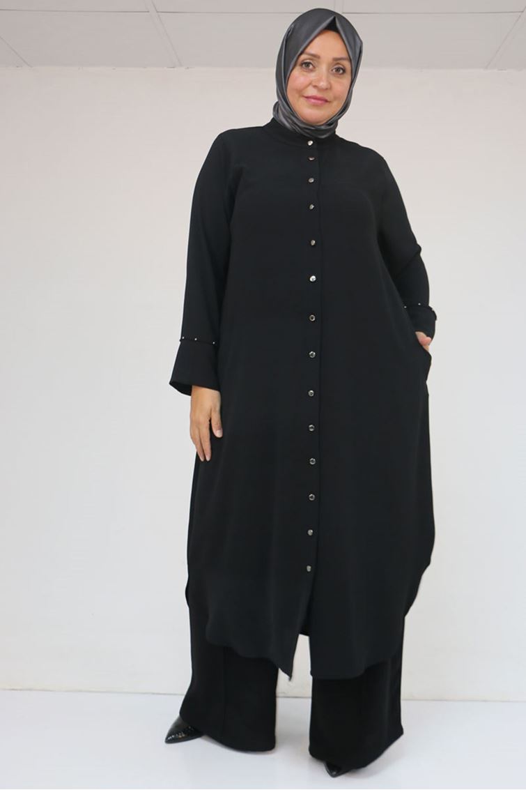 57053 Büyük Beden Eteği Oval Pantolonlu Krep Takım - Siyah