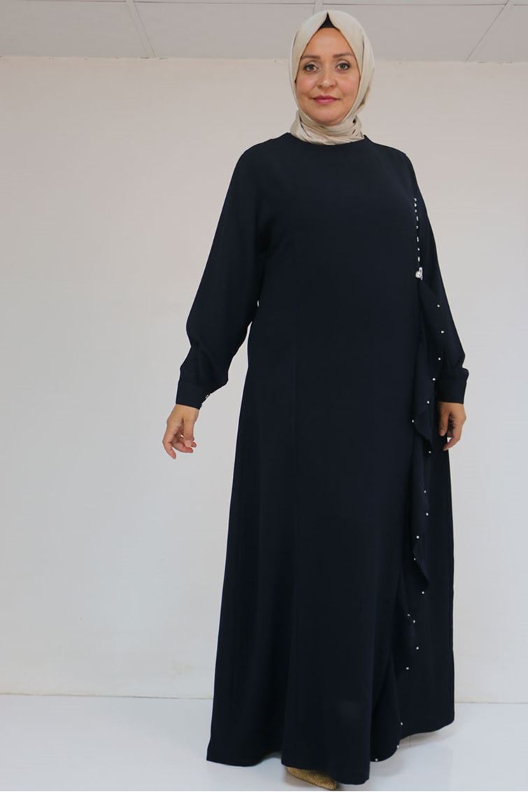 52016 Büyük Beden Önü Fırfırlı Taş Detaylı Krep Elbise - Lacivert