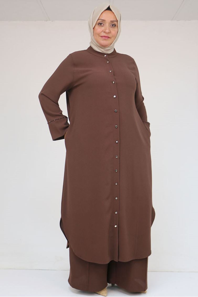 57053 Büyük Beden Eteği Oval Pantolonlu Krep Takım - Kahve