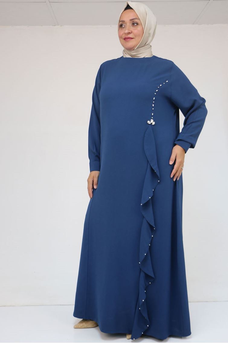 52016 Büyük Beden Önü Fırfırlı Taş Detaylı Krep Elbise - İndigo