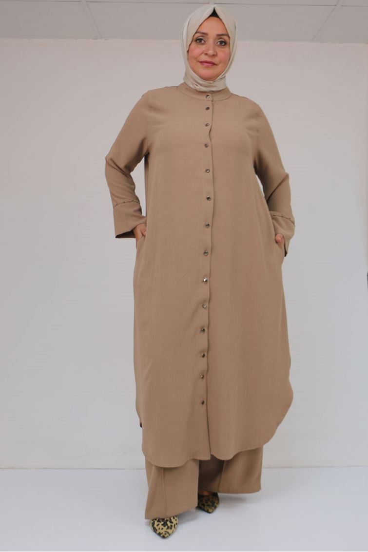 57053 Büyük Beden Eteği Oval Pantolonlu Krep Takım - Vizon