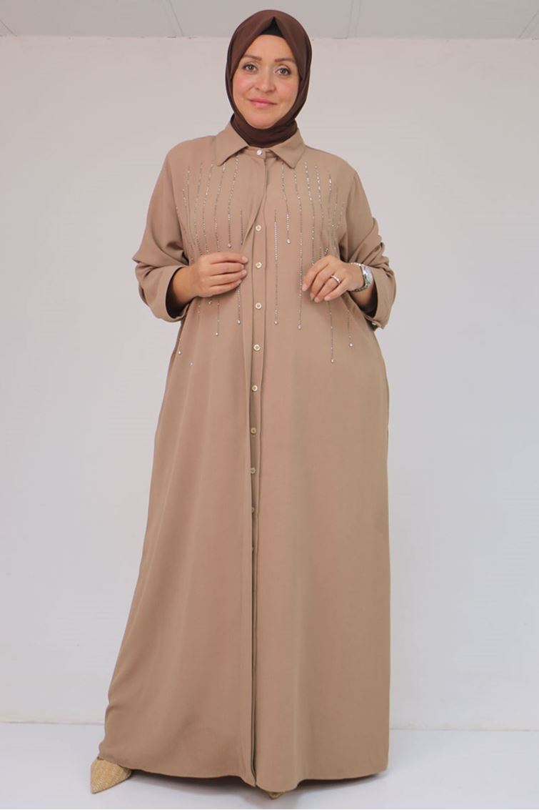 56018 Büyük Beden Taş Baskı Detaylı  Krep Ferace - Bej