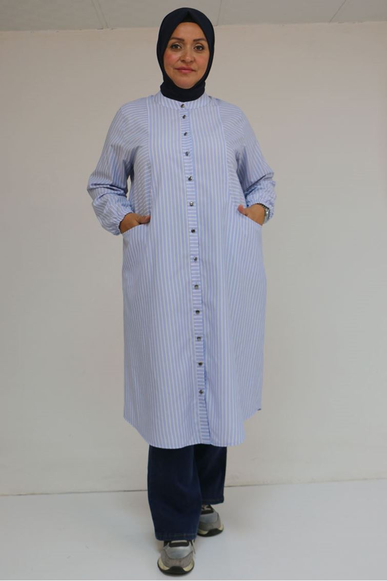 48072-1 Büyük Beden Kolları Lastikli Tunik - Çizgili Mavi