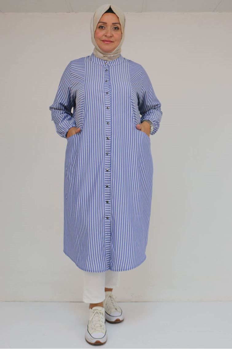 48072-1 Büyük Beden Kolları Lastikli Tunik - Lacivert Çizgili