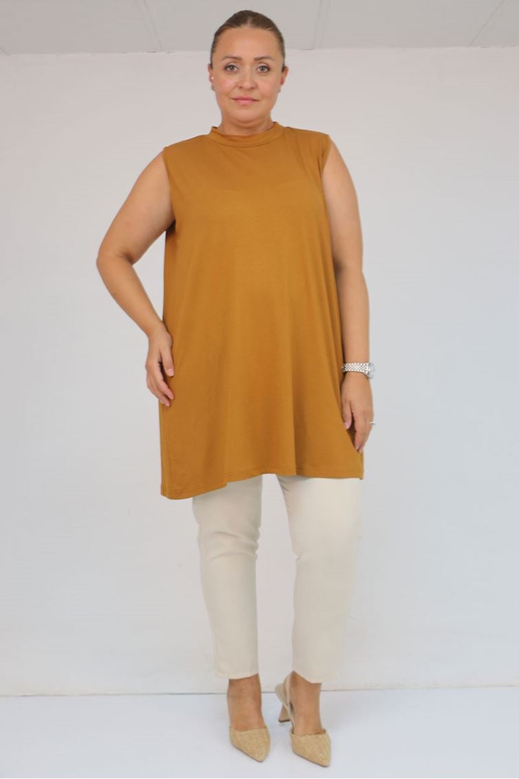 58501 Büyük Beden Hakim Yakalı Penye İçlik - Taba