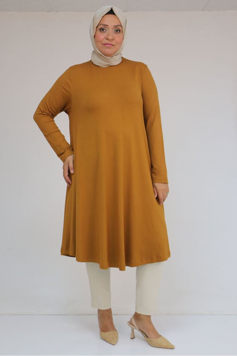 28016 Büyük Beden Penye Mevlana Tunik - Hardal