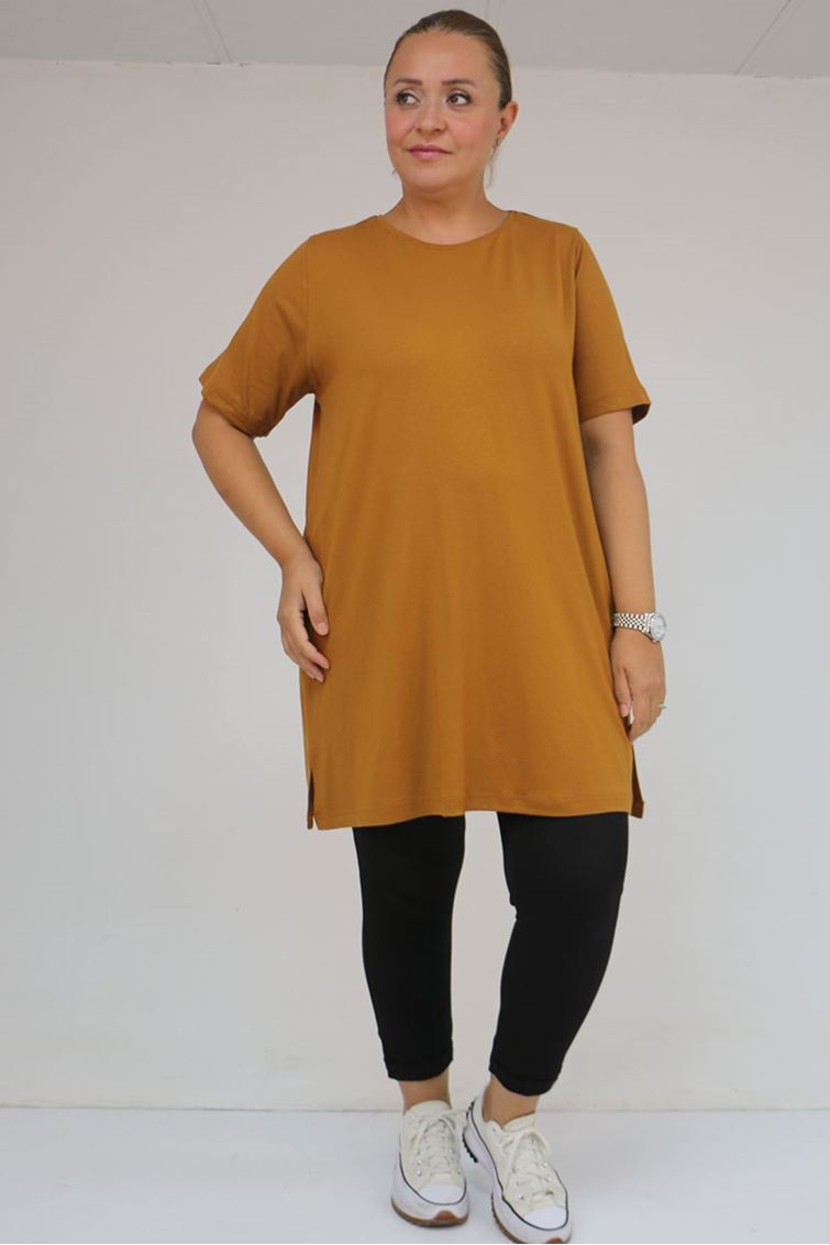 58507 Büyük Beden Yakası Biyeli Penye Tişört - Hardal