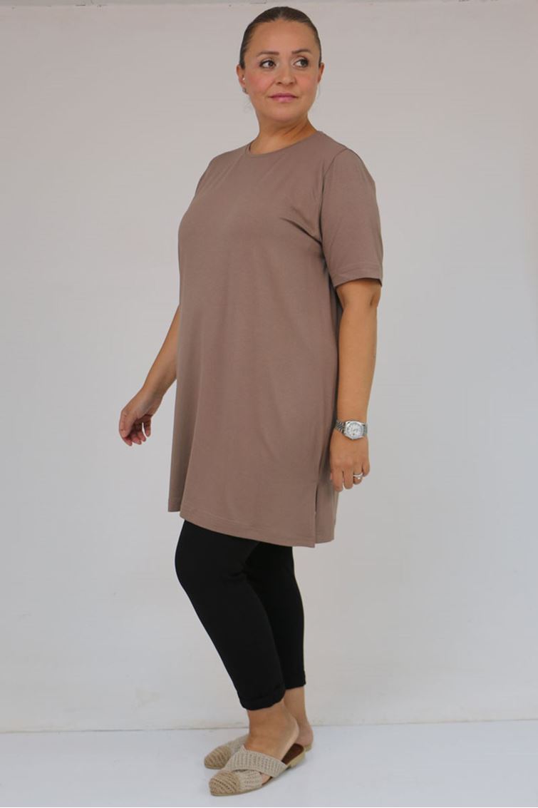 58507 Büyük Beden Yakası Biyeli Penye Tişört - Vizon