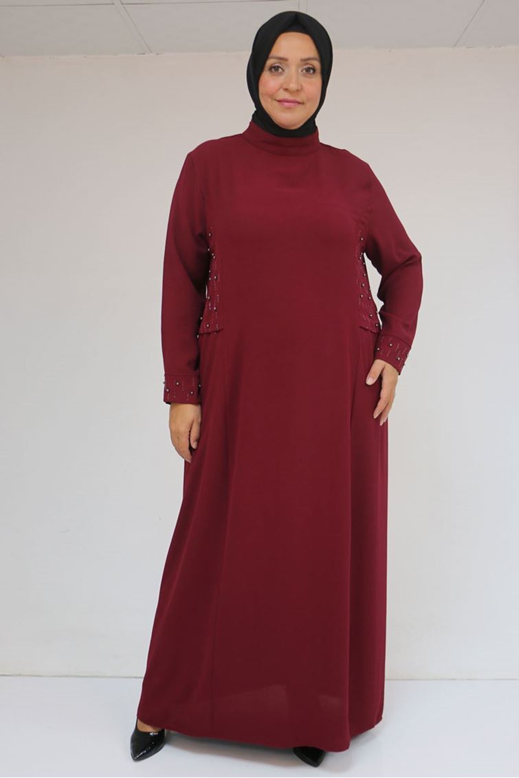 52013 Büyük Beden Taş Detaylı Krep Elbise - Bordo