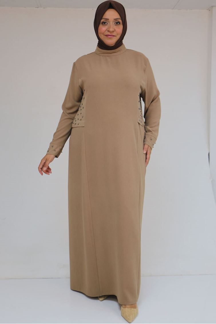 52013 Büyük Beden Taş Detaylı Krep Elbise - Vizon