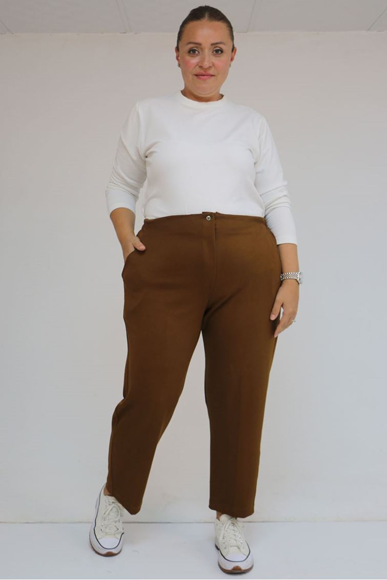 59013 Büyük Beden Arkası Lastikli Cepli Modal Pantolon - Kahve