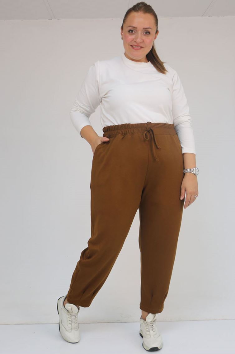 59028 Büyük Beden Paçası Çıma Detaylı Modal Pantolon - Taba