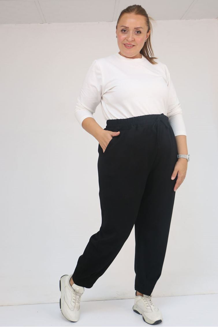 59028 Büyük Beden Paçası Çıma Detaylı Modal Pantolon - Siyah