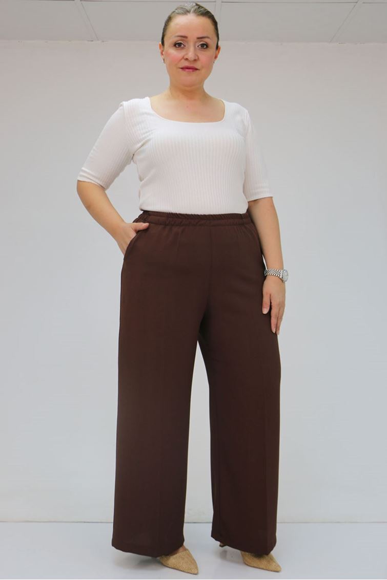 59014 Büyük Beden Beli Lastikli Bolpaça Pantolon - Kahve