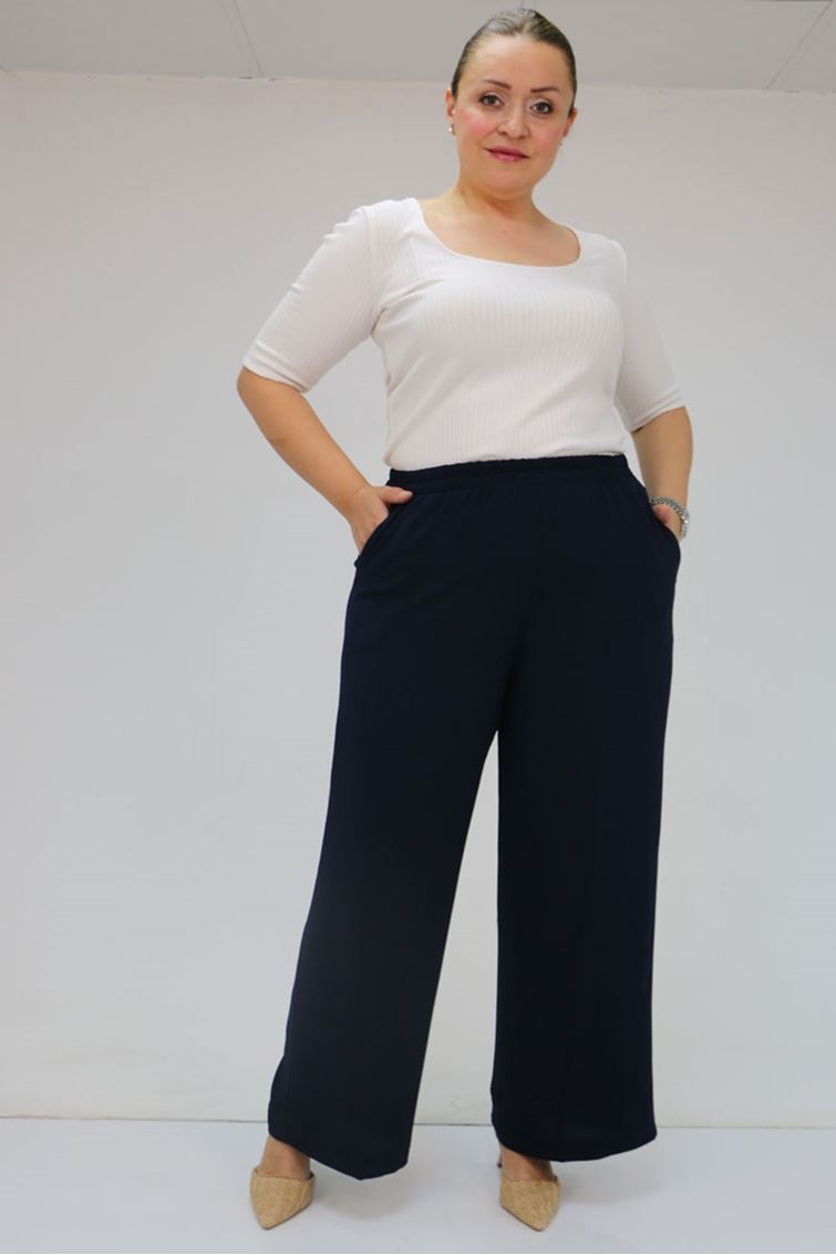 59014 Büyük Beden Beli Lastikli Bolpaça Pantolon - Lacivert